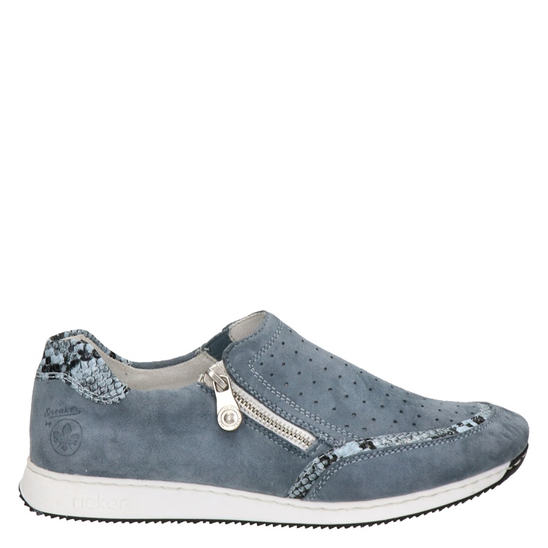 Rieker comfort suède instappers met slangenprint blauw