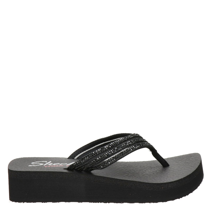 Skechers Vinyasa plateau teenslippers met strass steentjes zwart